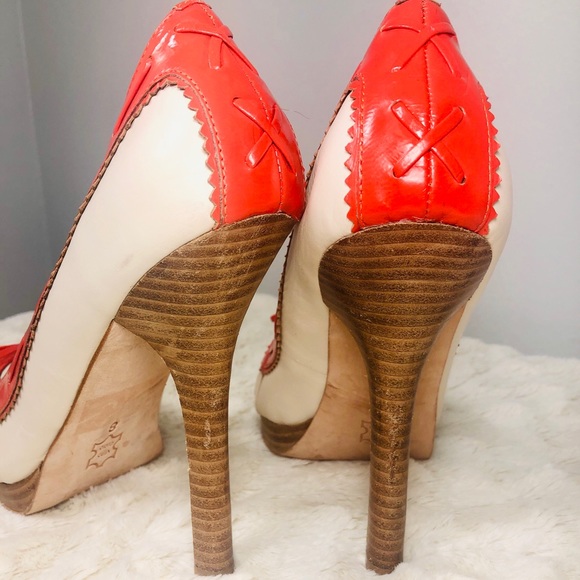 Bebe Capri Orange and Off-White Peep Toe Stilettos - Picture 8 of 9